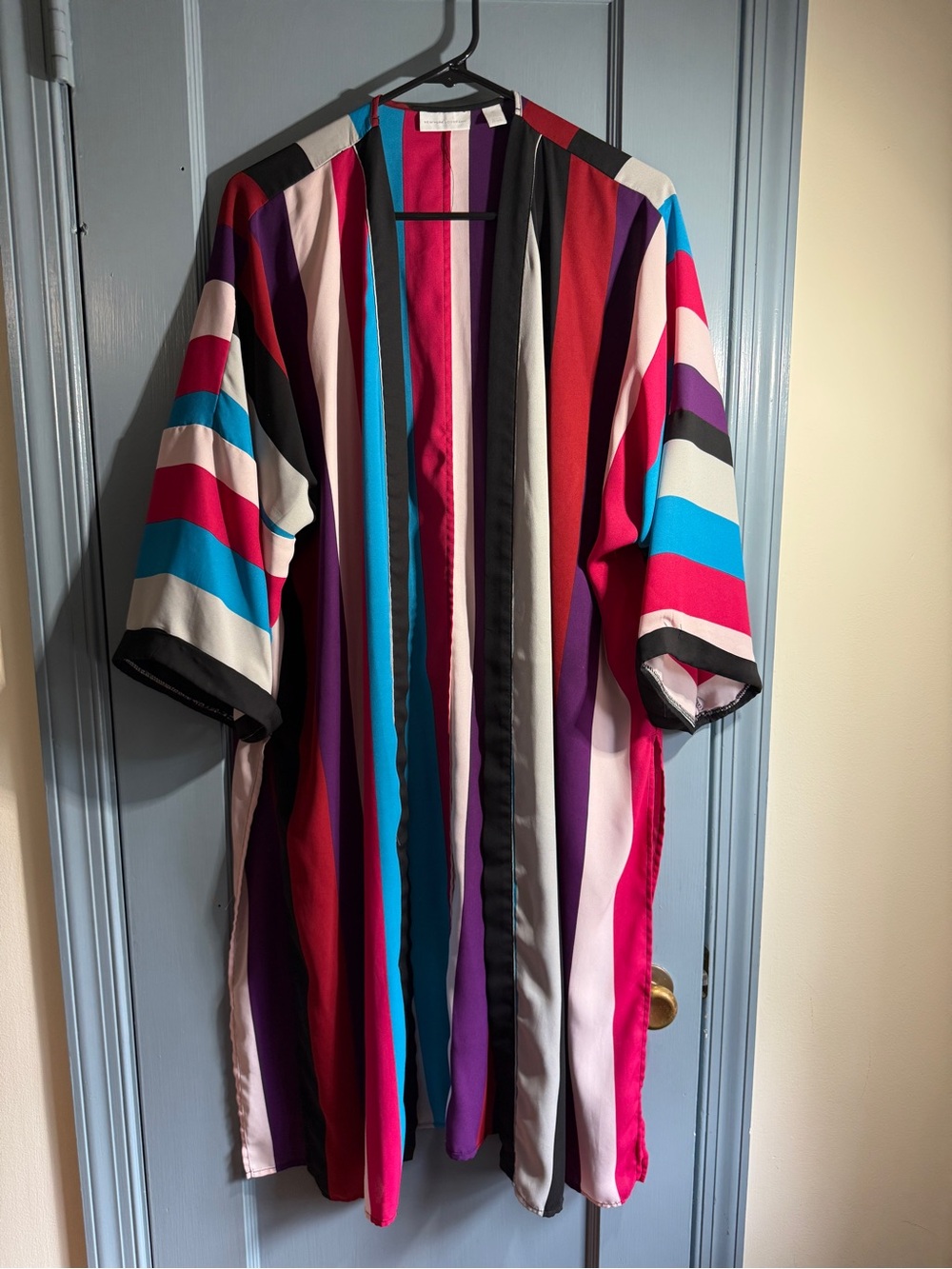 Striped Open Front Kimono Jacket in Pink, Blue & Black